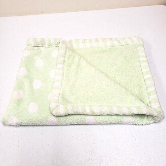 Snugly Baby 28x37 Green White Polka Dot Baby Plush Blanket Stripe Trim - Picture 1 of 7